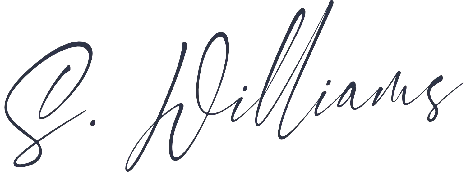 Signature-style text 'S. Williams' in black on a white background