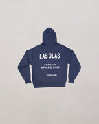 Navy blue hoodie with 'LAS OLAS' branding on a light gray background