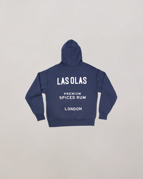 Navy blue hoodie with 'LAS OLAS' branding on a light gray background