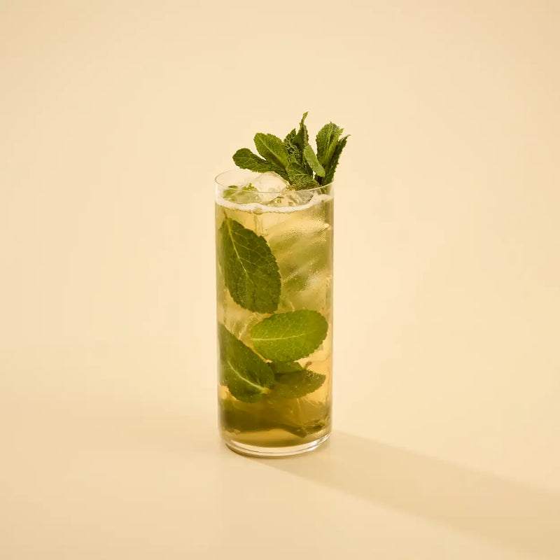 Glass of las olas spicey mojito with mint leaves on a beige background